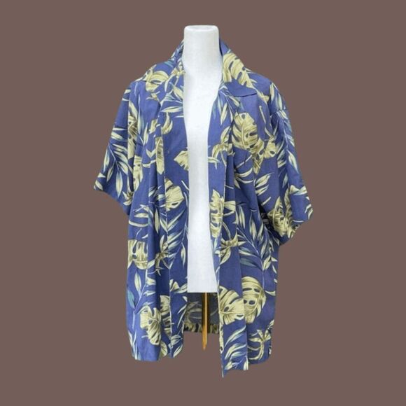 Y2K | Milano Bay Men's Blue & Green Leaf Print Short-Sleeve Button-Down Shirt Si - Picture 1 of 4